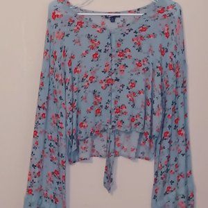 NWOT Freshman Floral Print on Blue Long Sleeve Crop Top Blouse, Size XL